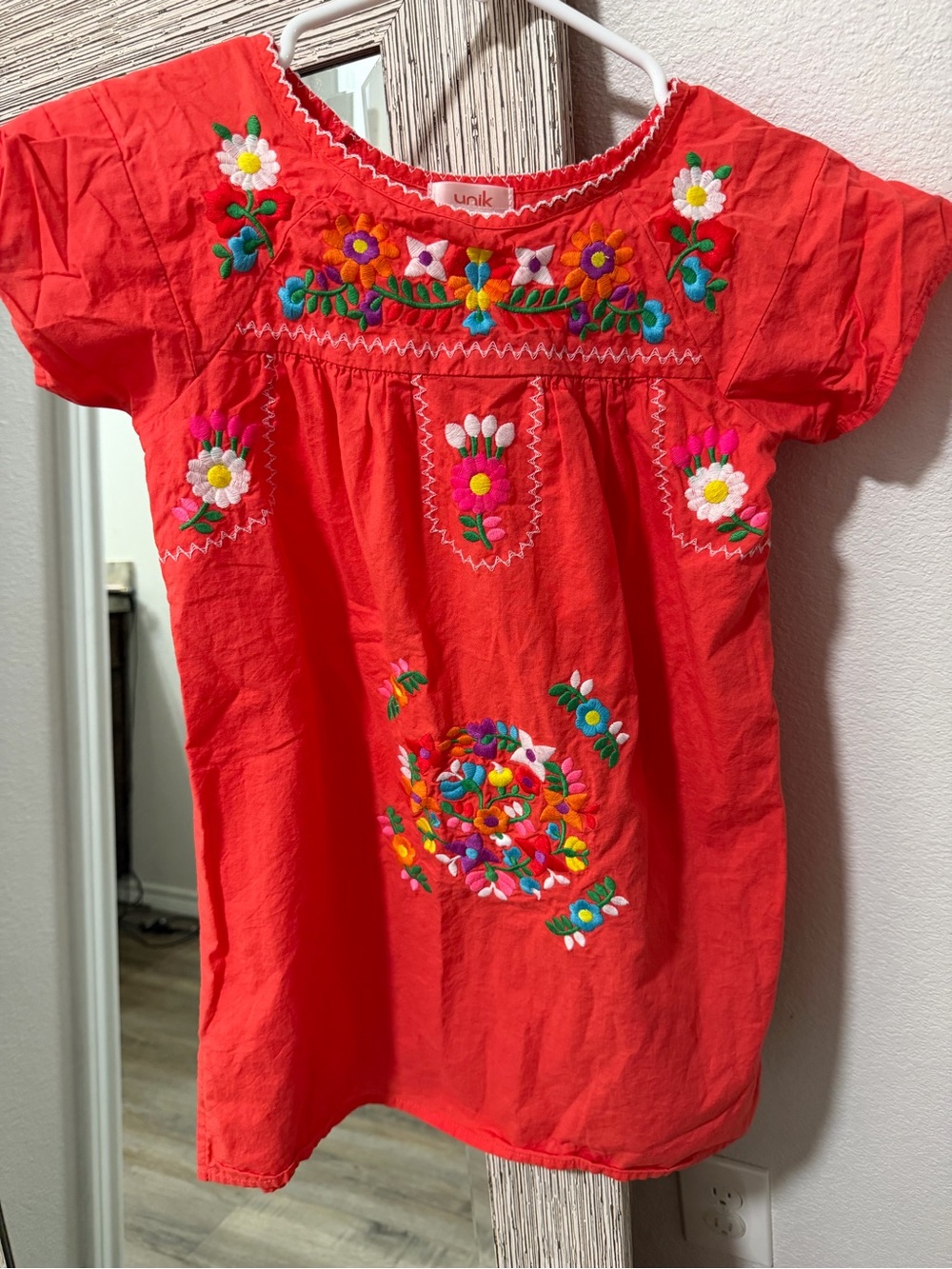 Unik Girls' Bright Red Embroidered Floral Dress